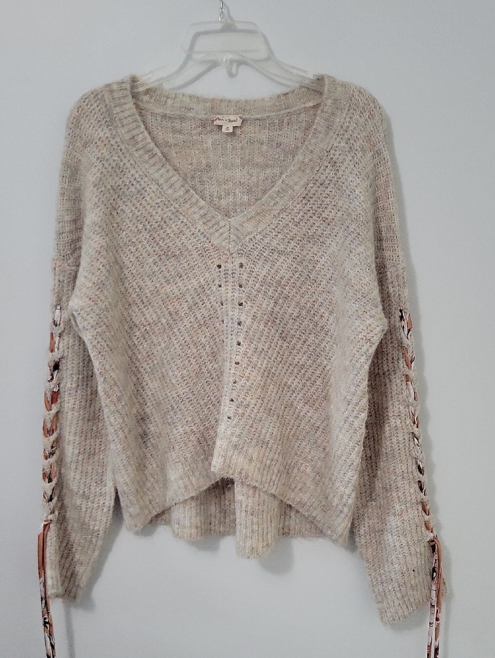 Hem & Thread V-Neck Sweater with Lace-Up Sleeves, Size Medium